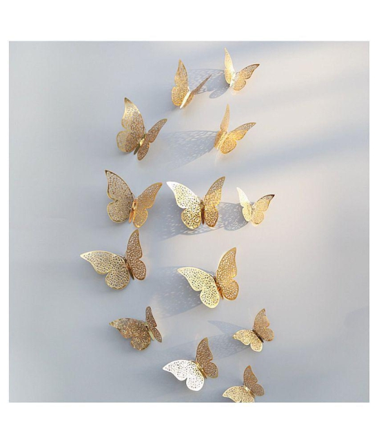 PINDIA Gold 12 pcs 3D Metal BUTTERFLY for Party Décor 3D Sticker ( 12 x 7 cms )