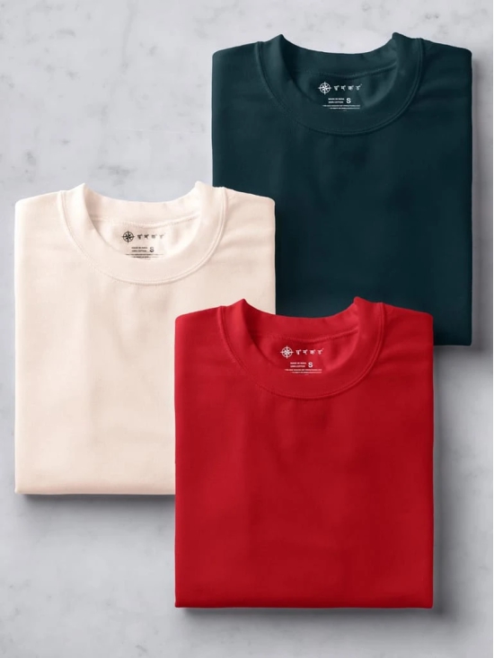 Teal Blue, Red & Muted Peach Half Sleeve Round Neck Cotton Plain Regular Fit Pack of 3 combo T-Shirt for men