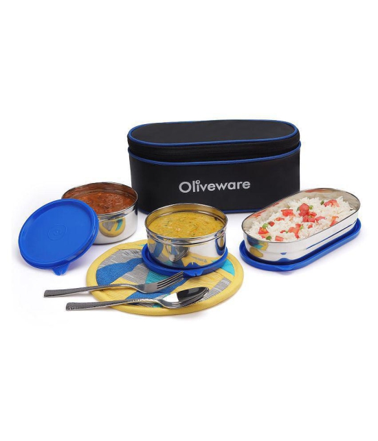 Oliveware Sophia Insulated Fabric Bag Lunch Box, Stainless Steel 3 Containers with Steel Spoon & For - Blue