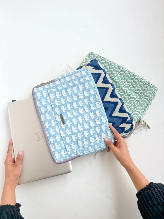 Sustainable Handmade Cotton Laptop Sleeve/Laptop Cover by Ekatra - Elephant Motif