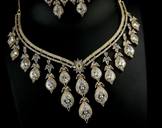  American Diamond Bridal Necklace Set with Earrings in Gold