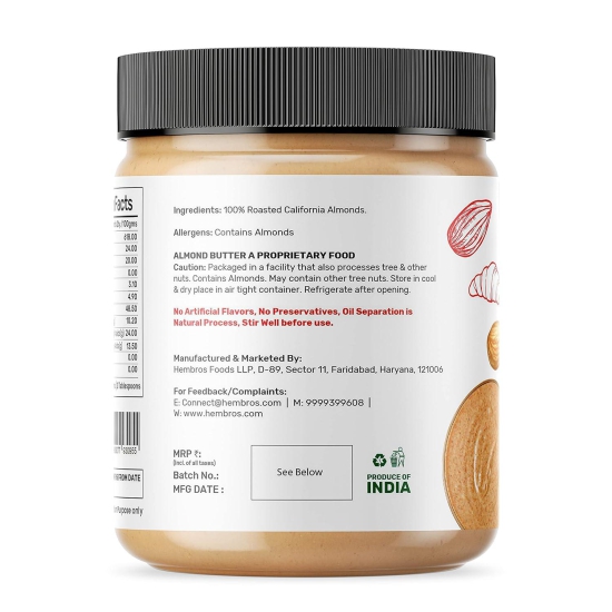 Zucchero 100% Almond Butter, Crunchy, 400g -The Exotic Spread | Unsweetened | 100% Natural | California Almonds