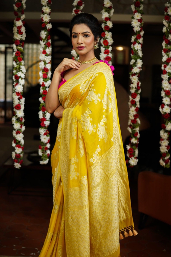 Pure Georgette Silk Banarasi Saree  in Yellow with Rose Jaal Weave in Silver Tone Zari | SILK MARK CERTIFIED