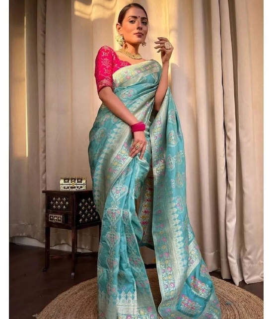 Apnisha Banarasi Silk Embellished Saree With Blouse Piece - SkyBlue ( Pack of 1 ) - SkyBlue