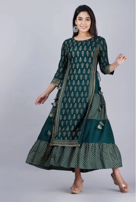 Stylish Teal Rayon Double Layer Printed Kurta For Women-3XL / Green