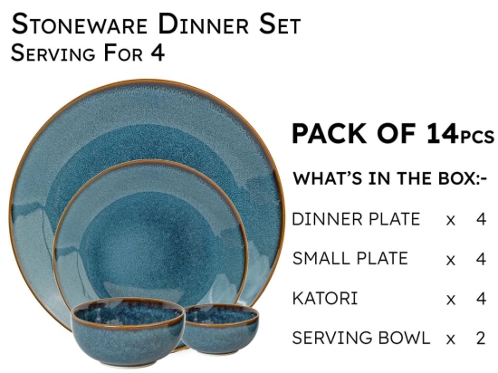 Handcrafted Stoneware Reactive Glaze Ceramic Dinner Set, 14 Pieces Serving for 4, Microwave and Dishwasher Safe, Bone-ash Free, Crockery Set for Dining and Gifting, Greenish Blue