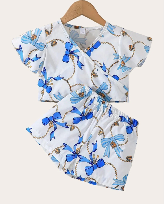 Girls White And Blue Floral Printed Top with Shorts-Blue / 5 - 6 Years