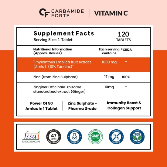 Carbamide Forte Natural Vitamin C Amla Extract With Zinc For Immunity & Skincare - 120 Veg Tablets