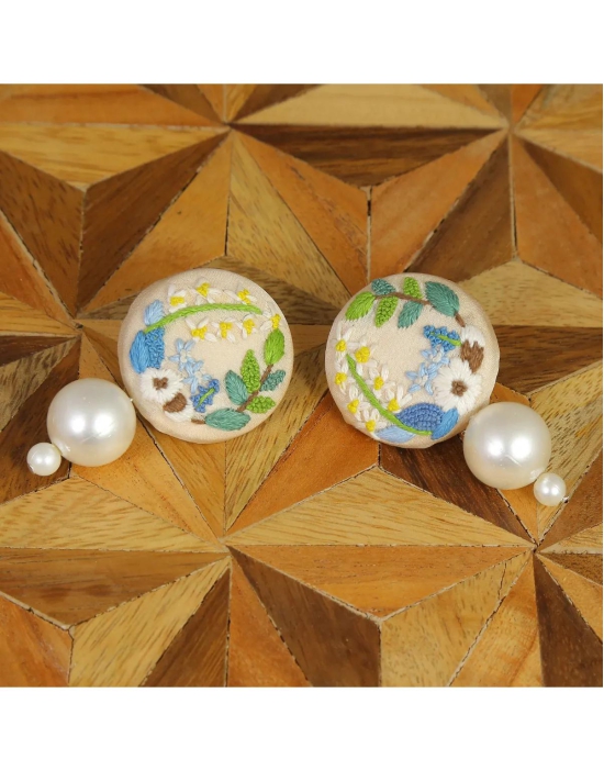 Embroidered Parsi Gara Cream Blooming Flower Pearl Earrings