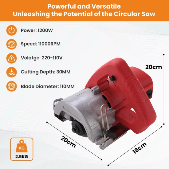 Cheston 1200W Marble Cutter, 110mm, 30mm adjustable cutting, 45-Cheston Marble Cutter 1200W | 110mm, 30mm Cutting, 45° Bevel | Cuts Tile, Granite, Plywood, Metal | 1 Year Warranty