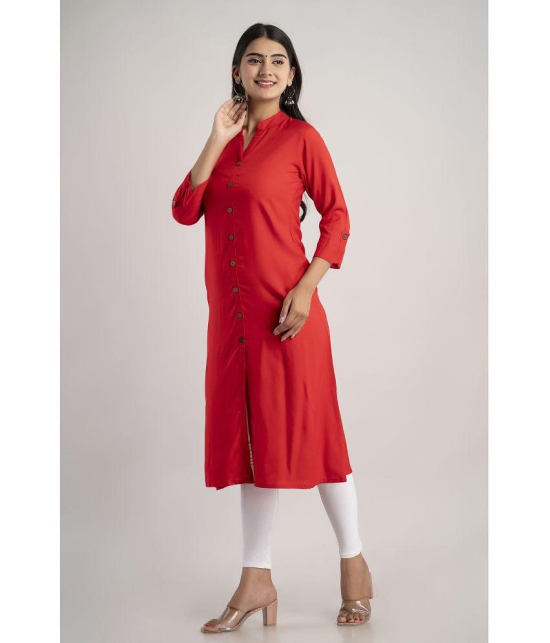 MAUKA - Red Rayon Women''s Front Slit Kurti ( Pack of 1 ) - None