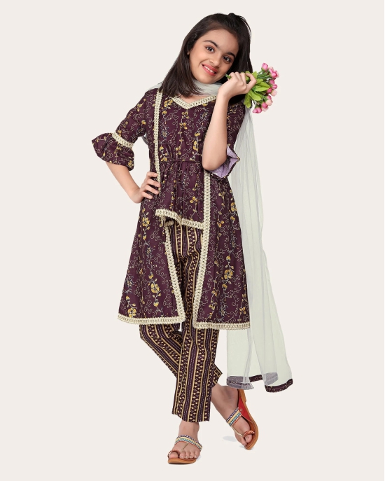 Girls Floral Print Kurta Set with Dupatta-Brown / 11 - 12 Years