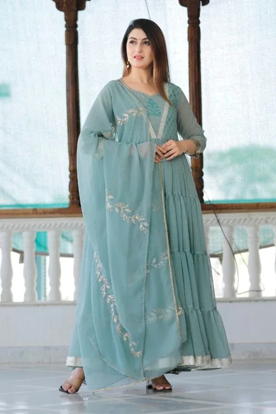 Sea Green Hand Block Printed Anarkali Set S