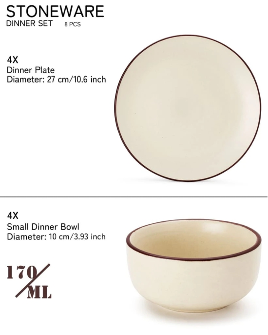 Handcrafted Stoneware Reactive Glaze Ceramic Dinner Set, 8 Pieces Serving for 4, Microwave and Dishwasher Safe, Bone-ash Free, Crockery Set for Dining and Gifting, Off White