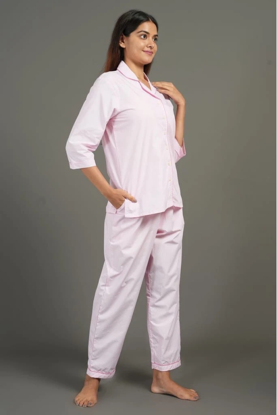 BREATHABLES Women Cotton Nightsuit Shirt and Pants Co-ord Set 3/4 Sleeve Notched Collar Comfort Loose Fit Pink(Night Wear | Co-ord set | Lounge Wear Set)