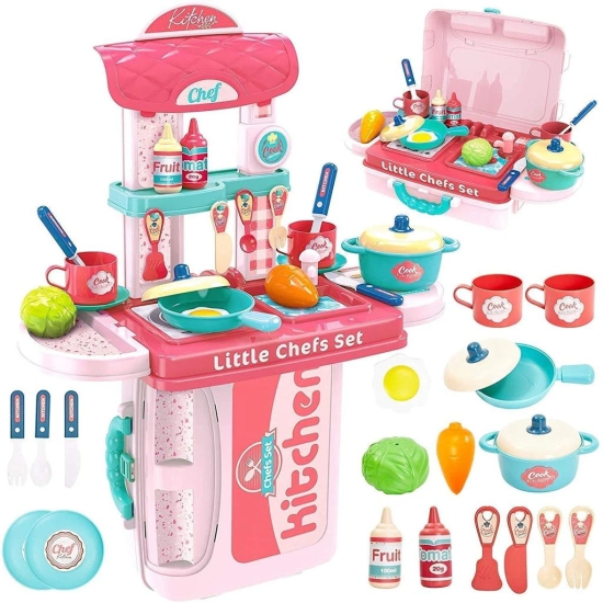 Kitchen Set for Girls Toy with Cooking Utensils 3 in 1 Portable Pretend Food Party Role Cooking Kitchen Play Set Toy for Boys and Girls