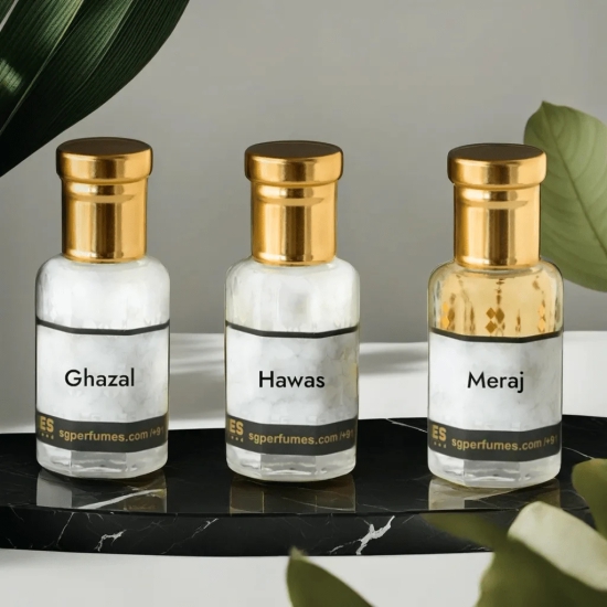 3 pcs Arabic Attar Set Ghazal, Hawas, Meraj 12ml Each-12ml