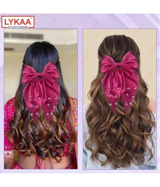 Lykaa Large Satin Hair Bow with Pearls Longtail Clips Hair Accessories for Women -1 Pcs (Multicolor) - Magenta