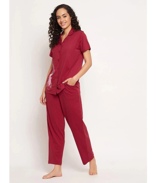 Clovia - Maroon Cotton Womens Nightwear Nightsuit Sets ( Pack of 1 ) - None