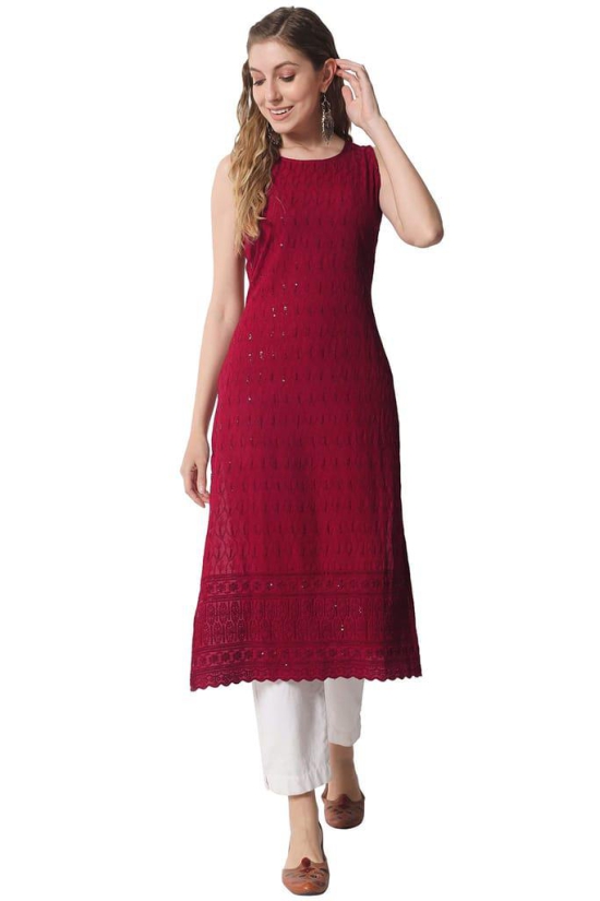 SHOPPING QUEEN Maroon Rayon Embroidered Women's Straight Kurta