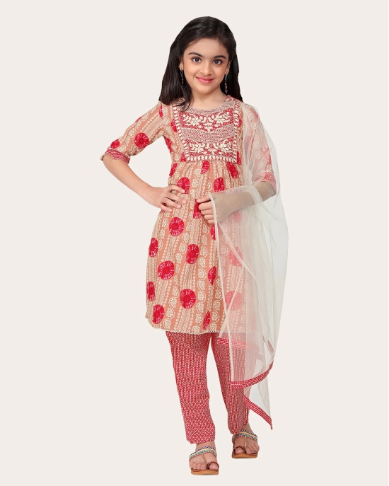 Kids Girls Embrodeary Cotton Printed Fullstiched Nayara Cut Kurtis with Bottom Dupatta set, Kid dresses-Peach / 10 - 11 Years