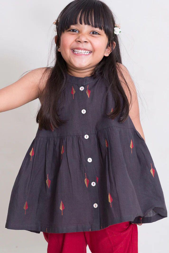 Girls Charcoal leaf Top Set 4Y