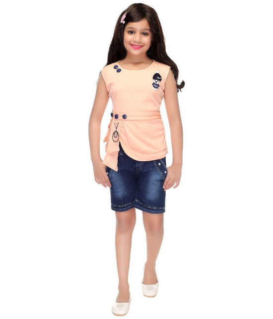 PARI FASHION - PeachPuff Denim Girl's Top With Shorts ( Pack of 1 ) - None