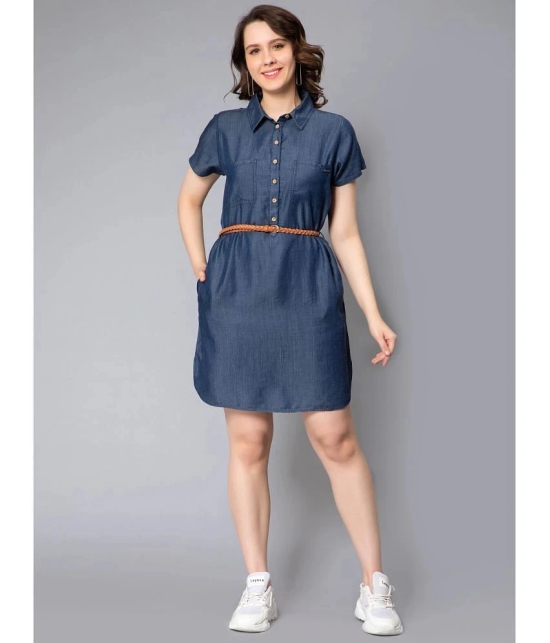 NUEVOSDAMAS Denim Solid Knee Length Womens Shirt Dress - Blue ( Pack of 1 ) - None