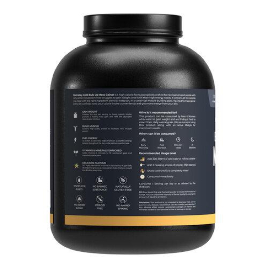 Nutrabay Gold Bulk Up Mass Gainer Powder - 3kg, Vanilla | 30g Protein, 104g Carbs, 554 Calories | Easy to Digest | 100% Veg Muscle Building & Weight Gainer Supplement for Men & Women