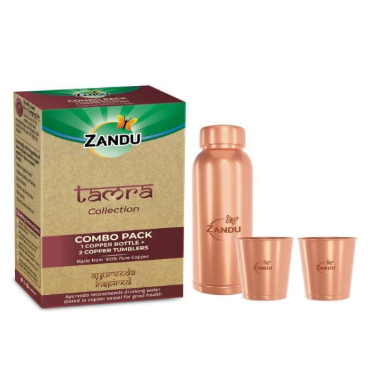 Zandu Copper Combo Pack (950ml Copper Bottle + 2x300ml Copper Tumblers)