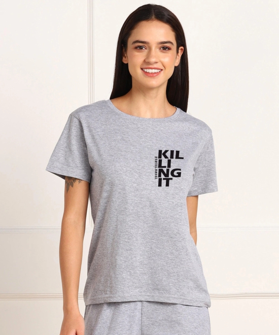 Womens Regular Fit Printed T Shirt-L / Grey