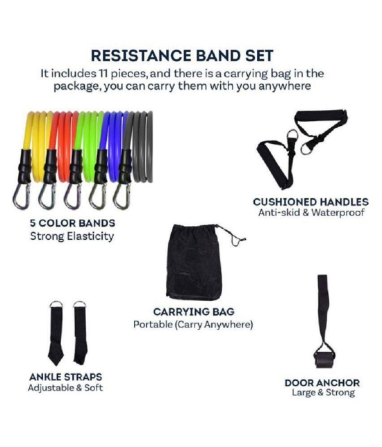 Resistance Band set of 11 pcs include Door Anchor, Ankle Straps, Handles, Stackable Exercise Band for Resistance training, Home Workout - Multi Color