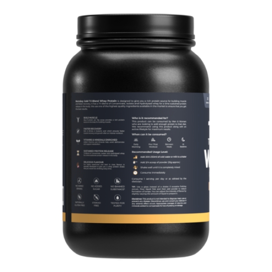 Nutrabay Gold Tri Blend Whey Protein Powder - 1kg, Rich Chocolate Creme | 25g Protein, 5.5g BCAA | Concentrate, Isolate, Hydrolyzed Protein | Muscle Growth & Recovery | Gym Supplement for Men & Women