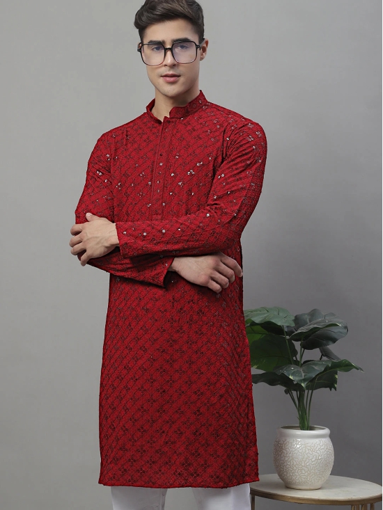 Mens Maroon Chikankari Embroidered and Sequence Kurta with Pyjama.-L / Maroon