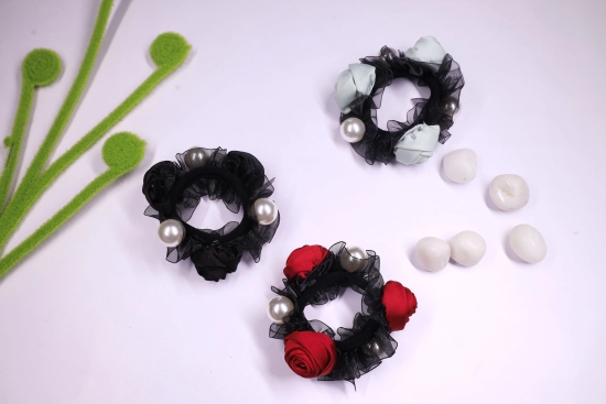 Blissful Pearl Floral Scrunchies-Red