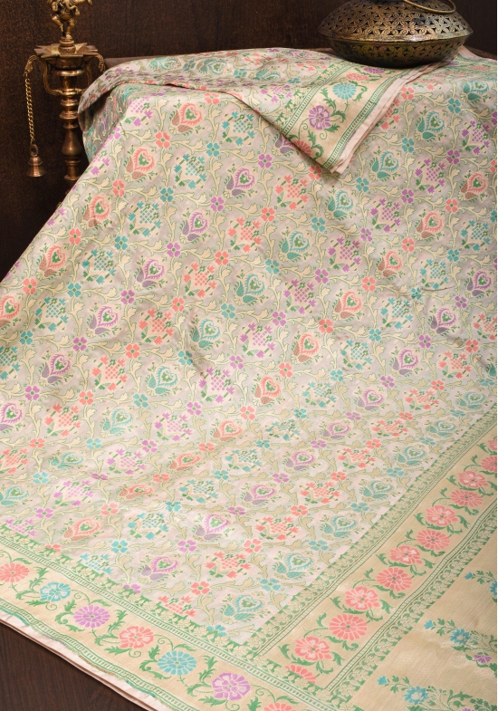 Exquisite Patola Meenakari Banarasi Jaal Katan Silk Saree in Cream with Intricate Pallu | SILK MARK CERTIFIED