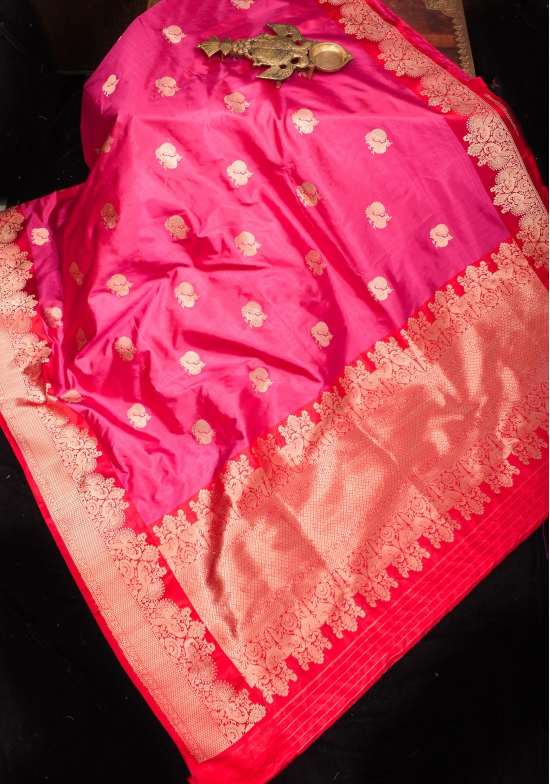 Peacock Butta Shikaargah Banarasi  Saree in Pink Dual Tone and Red | Silk Mark Certified