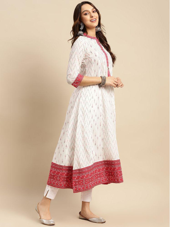 Rangita Women 100% Cotton Off White Contrast Placket Ikat Printed Calf Length Anarkali Kurti - None