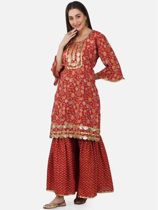 Women Floral Printed Sequinned Bell Sleeve Pure Cotton Kurta with Sharara