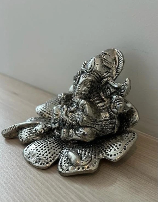 Aarna Creations Metal Ganesha | Silver Gudhal Ganesh | Antique Silver Hand-Carved Ganesh Sitting on Hibiscus