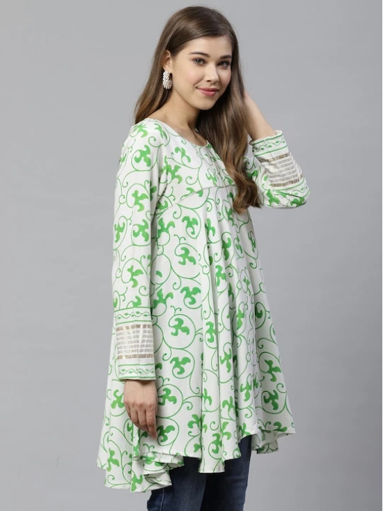 Women White & Green Ethnic Printed Asymmetric Tunic