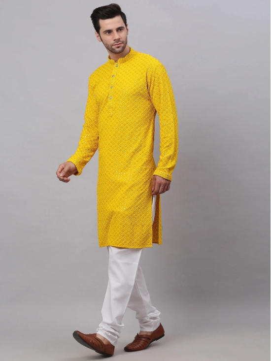 Men Yellow Chikankari Embroidered and Sequence Kurta with Churidar-M / Yellow