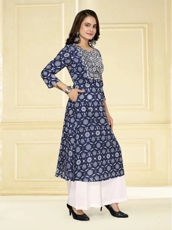 Rangita Women Rayon Blue Embroidered Calf Length A-line Kurti - None