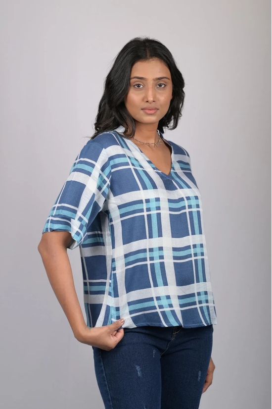 V-Neck Blue Checks Top (OTL-TPS1073)-Blue / XXL