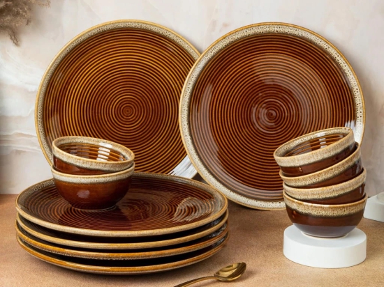 Bodhi House Ceramic Dinner Set, 12 Pieces, Handcrafted Reactive Glaze Dinnerware, Stoneware Dining Sets Serving for 6, Microwave, Dishwasher Safe, Glossy Finish Crockery Set for Gifting, Peanut Brown