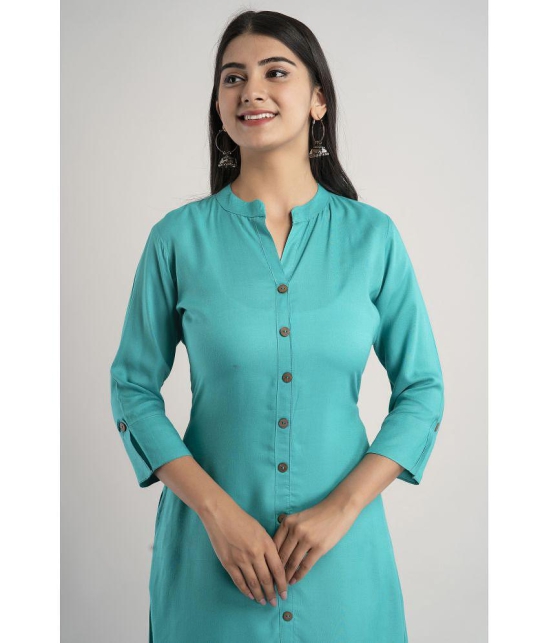 MAUKA - Turquoise Rayon Women''s Front Slit Kurti ( Pack of 1 ) - None