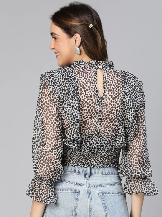 Oxolloxo Abstract Dots Print Smocked & Ruffled Detail Georgette Blouson Crop Top