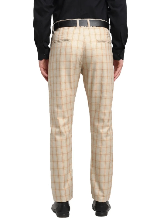 Indian Needle Men's Cream Cotton Checked Formal Trousers-30 / Cream