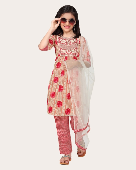 Kids Girls Embrodeary Cotton Printed Fullstiched Nayara Cut Kurtis with Bottom Dupatta set, Kid dresses-Peach / 10 - 11 Years