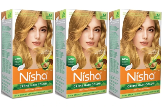 Nisha Creme Hair Color 8.1 Golden Blonde 120g Pack of 3, Permanent Hair Colour for Women & Men, Long Lasting Hair Color